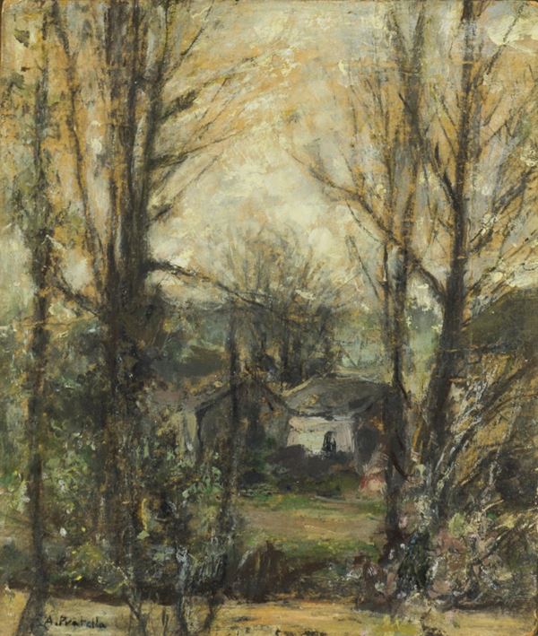 Scuola napoletana, fine XIX - inizi XX secolo : Casolare nel bosco  - Olio su masonite - Auction 19th Century Painting and Sculptures - Blindarte Casa d'Aste