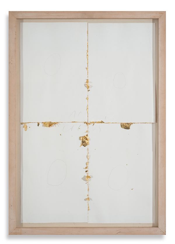 Pier Paolo Calzolari : Untitled  - Gold leaves, collage and pencil on paper in wooden and glass frame - Auction Modern and Contemporary Art - Blindarte Casa d'Aste