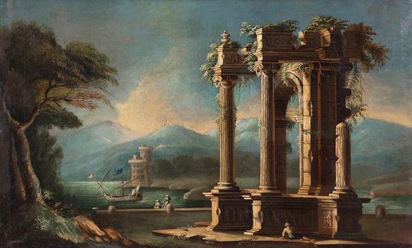 Scuola italiana, XIX secolo - Marina con capricci di rovine antiche