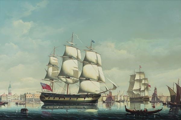 Salvatore Colacicco - A British Man of war and other shipping at anchor in Venice waters