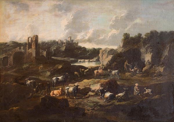 Philipp Peter detto Rosa da Tivoli Roos - Armenti al pascolo con pastori in un paesaggio roccioso nei pressi di un lago