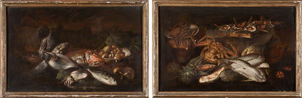 Tommaso Realfonso - a) Triglia, polpo, orata e piatto di funghi su un piatto b) Granchio, carciofi, un'alzata con ostriche e un'anfora con un polpo