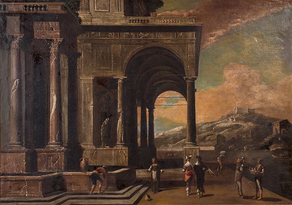 Viviano Codazzi (Bergamo 1603 circa-Roma 1670) e Domenico Gargiulo, detto Micco Spadaro (Napoli 1609-Napoli 1675) - Edificio con colonne corinzie, loggiato di ordine dorico presso una fonte e con astanti in primo piano e collina del Vomero con Castel Sant'Elmo sullo sfondo.