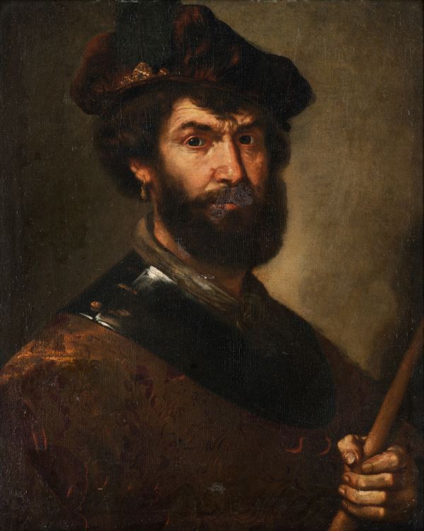 Scuola napoletana, prima met&#224; del XVII secolo - Ritratto di uomo barbuto a mezzo busto con orecchino gorgiera e basco ornato da diadema, e un bastona nella mano sinistra