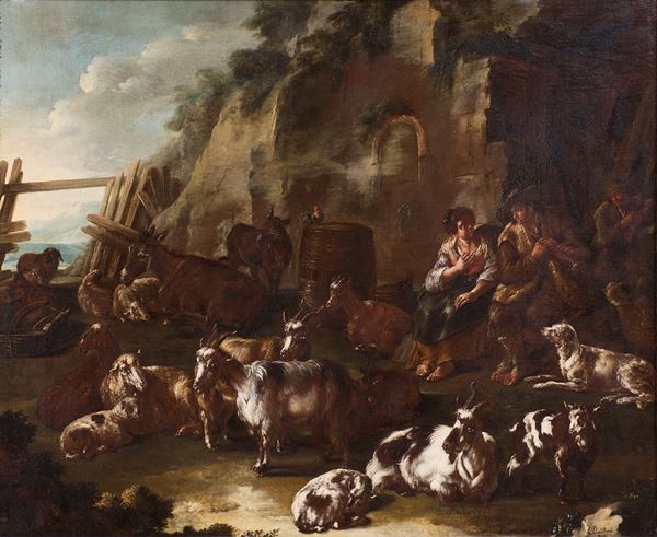 Domenico Brandi : Paesaggio con figure ed armenti  (1733)  - olio su tela - Asta Oggetti d'Arte e Antiquariato, Dipinti Antichi, XIX-XX Secolo - Blindarte Casa d'Aste