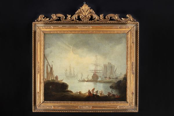 attribuito a Francesco Fidanza - Marina con velieri, pescatori e fortificazione sul fondo