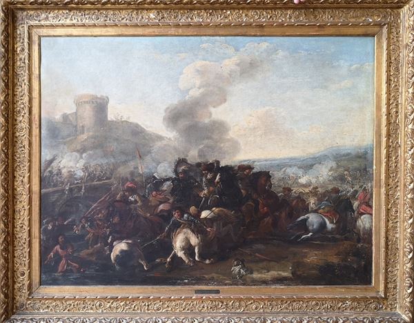 attribuito a Francesco Monti - Battaglia sotto un torrione fortificato