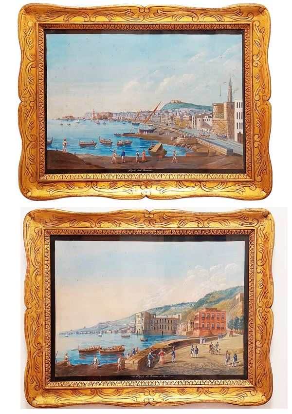 Scuola napoletana  fine XIX secolo - a) Napoli dalla collina di Posillipo b) Napoli dal Carmine