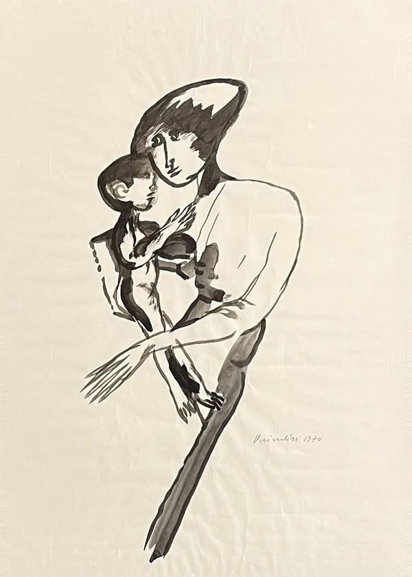 Remo Brindisi : Donna con bambino  (1970)  - China on paper - Auction Modern and Contemporary Art - Blindarte Casa d'Aste