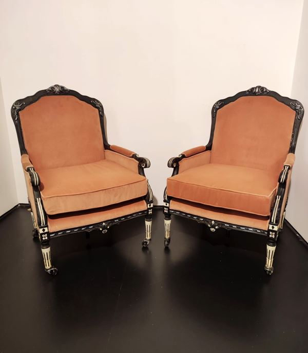 Teatro San Carlo: Lot of 2 armchairs in orange fabric with wheels (from "La clemenza di Tito")