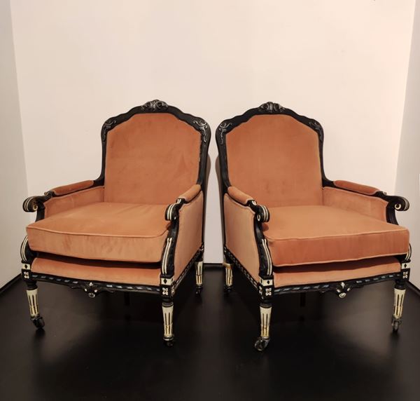 Teatro San Carlo: Lot of 2 armchairs in orange fabric with wheels