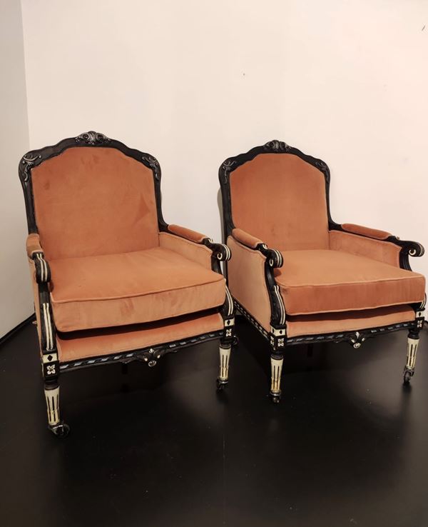 Teatro San Carlo: Lot of 2 armchairs in orange fabric with wheels (from 'La clemenza di Tito')