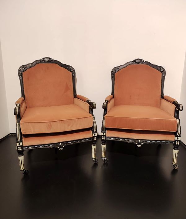 Teatro San Carlo: Lot of 2 armchairs in orange fabric with wheels (from "La clemenza di Tito")