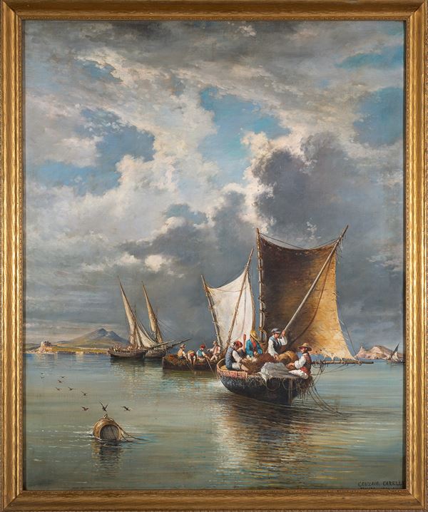 Consalvo Carelli (Napoli, 1818  - 1900) - Pescatori nel golfo con Procida e Ischia sullo sfondo