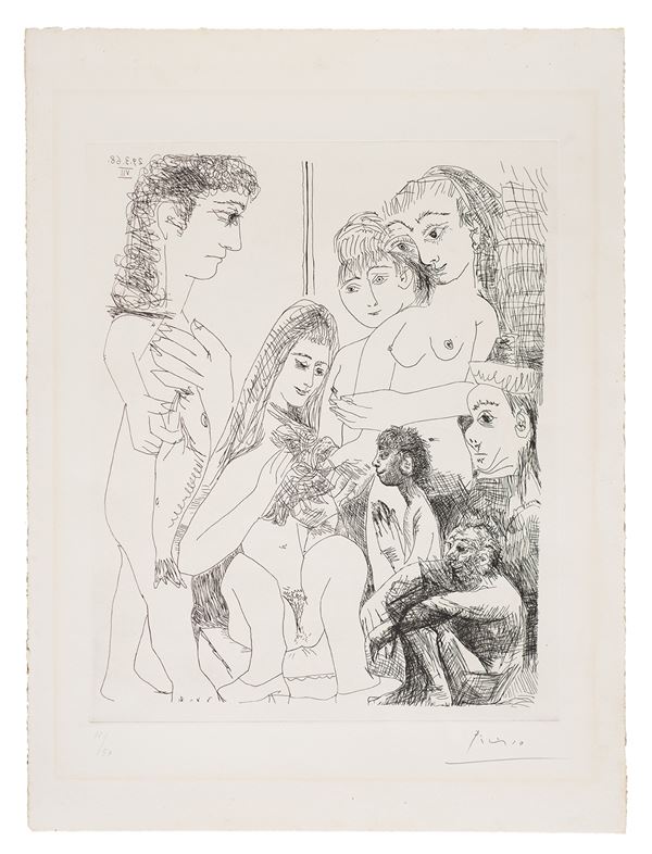 Pablo Picasso - Vecchio che pensa alla pittura antica: Madonna con uccello e San Giovannino, figura con pesce e fanciulle (dalla serie 347)