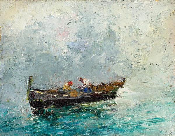 Leonardo Bazzaro (Milano, 1853 - 1937) : Pesca al Lago  - Olio su tela applicato su cartone pressato - Asta Dipinti e sculture del XIX secolo - Blindarte Casa d'Aste