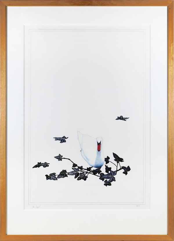 Jan Fabre : Tivoli (The swan)  (1991)  - Crystal powder and classic BIC on collage on handmade sheet - Auction Modern and Contemporary Art - Blindarte Casa d'Aste