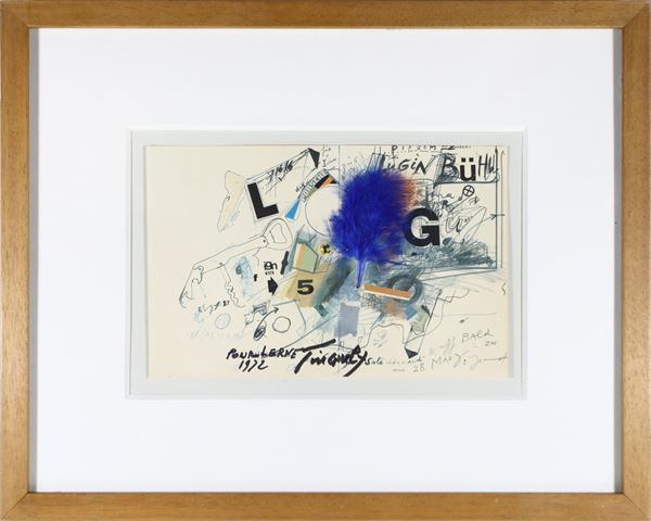 Jean Tinguely : Lugin Buehl   (1972)  - Collage and mixed media with blue feather on silkscreen - Auction Modern and Contemporary Art - Blindarte Casa d'Aste