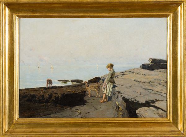 Antonino Leto (Monreale, 1844 - Capri, 1913) - Ragazza con paesaggio marino