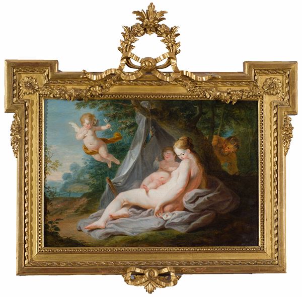 seguace di  Fran&#231;ois Boucher (Parigi, 1703 - 1770) - Venere e Satiro con due amorini