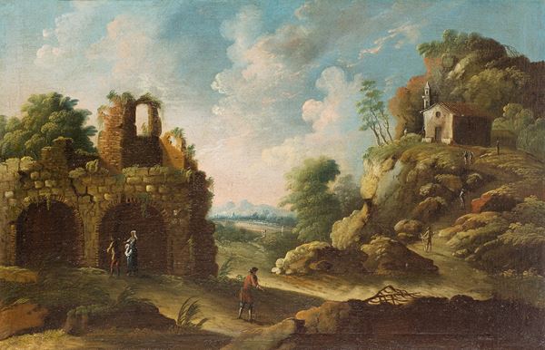 Michele Pagano (Napoli, 1697 ; dopo il 1750) - a) Paesaggio con rovine antiche   b) Paesaggio lacustre con rovine