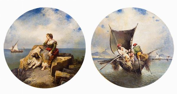 Consalvo Carelli (Napoli, 1818  - 1900) - a) Marina con figura; b) Pescatori