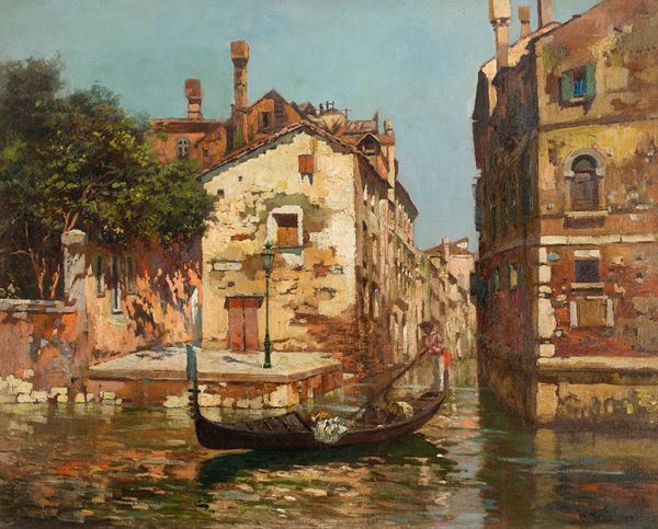 Carlo Brancaccio (Napoli, 1861 - 1920) : Canale Veneziano con gondole  - Olio su tela - Asta Antiquariato, Dipinti antichi e del XIX secolo - Blindarte Casa d'Aste