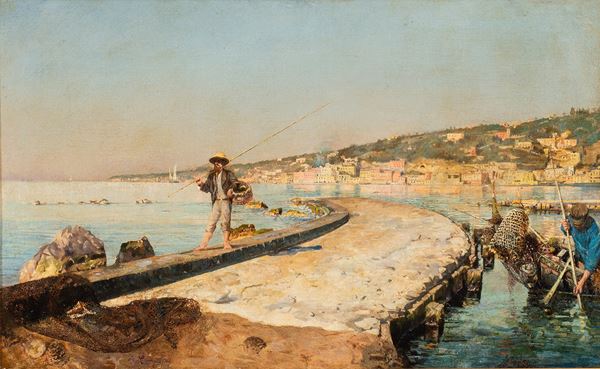 Alceste Campriani (Terni 1848 - Lucca 1933) : Pescatori a Pozzuoli  - Olio su tela - Asta Antiquariato, Dipinti antichi e del XIX secolo - Blindarte Casa d'Aste