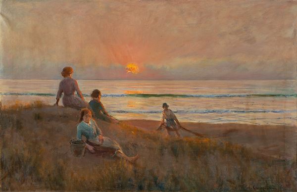 Alceste Campriani (Terni 1848 - Lucca 1933) - Sulla spiaggia al tramonto