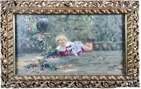 Giovanni Panza (1894 - 1989) : Bambina in un cortile fiorito  - Olio su tavola - Auction 19th Century Painting and Sculptures - Blindarte Casa d'Aste