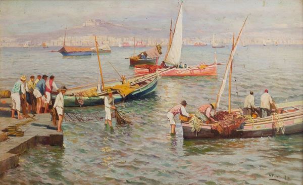 Attilio  Pratella (Lugo, 1856 - Napoli, 1949) - Barche con pescatori