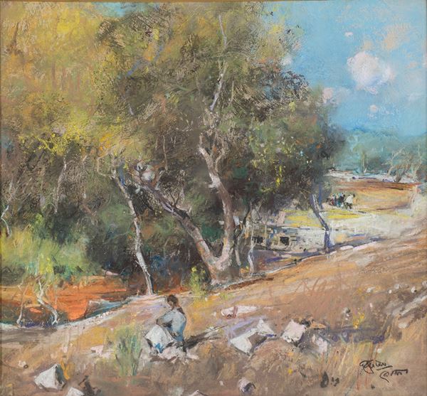 Giuseppe Casciaro (Ortelle,  1863 - Napoli, 1941) - Paesaggio con figure