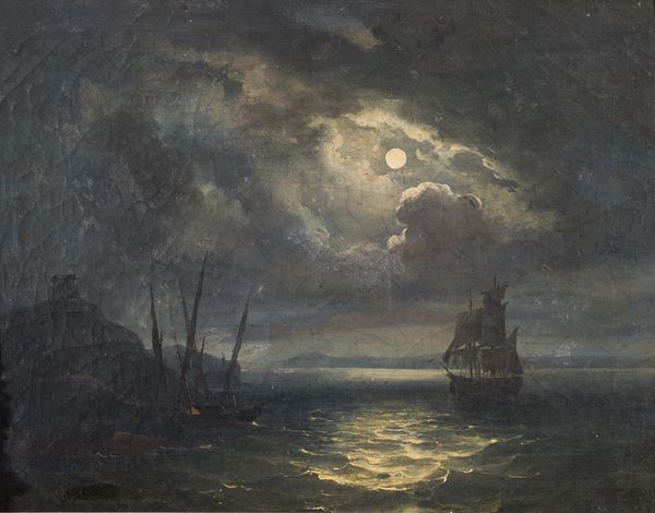 attribuito a Salvatore Fergola (Napoli, 1799 - 1874) - Notturno sul golfo di Salerno
