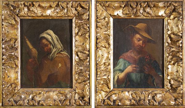 Scuola lombarda, seconda met&#224; del XVII secolo - a) Vecchia con fuso; b) Contadino allo specchio