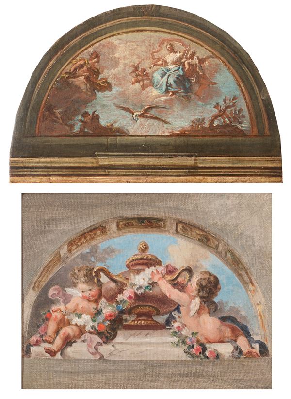 Scuola napoletana, fine XVIII secolo - a) Allegoria con puttini e ghirlande b) La caduta di Lucifero