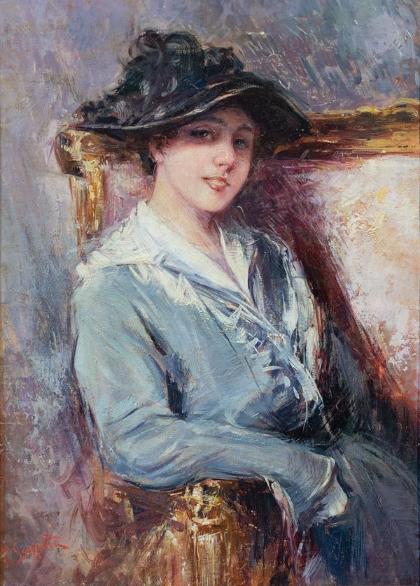 Pietro Scoppetta (Amalfi, 1863 - Napoli, 1920) - Figura femminile con cappello