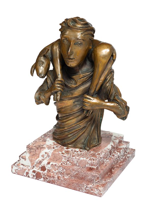Remo Brindisi : Il buon pastore  (1986)  - Bronzo statuario su base in marmo - Asta Arte Moderna e Contemporanea - Blindarte Casa d'Aste