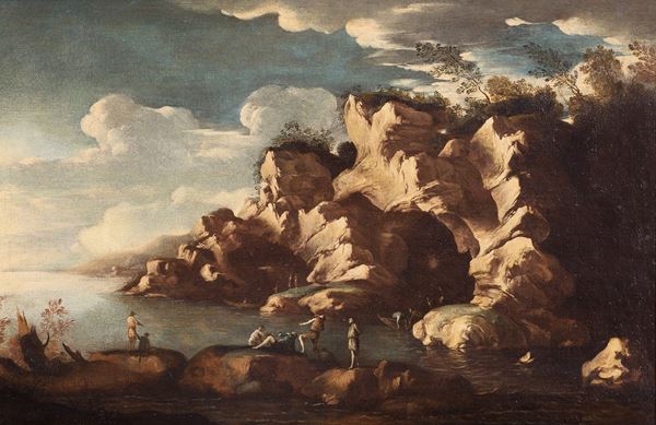 Scuola napoletana, XVII secolo - Il filosofo con i pescatori in un paesaggio