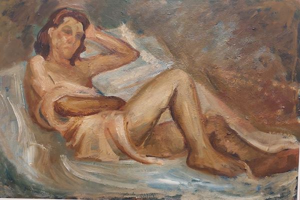 Scuola meridionale  inizi  XX secolo : Nudo di donna  - oil on pressed cardboard applied on panel - Auction 19th Century Painting and Sculptures - Blindarte Casa d'Aste