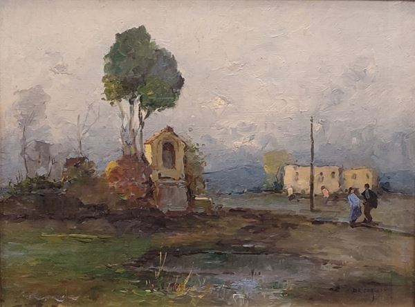 Nicolas De Corsi : Paesaggio di campagna con figure  - Olio su masonite - Auction 19th Century Painting and Sculptures - Blindarte Casa d'Aste