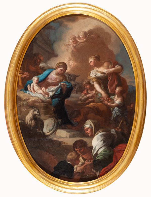 Francesco De Mura : Adorazione dei pastori  - Olio su tela in ovale - Auction Antiquariato, Dipinti antichie e del XIX secolo - Blindarte Casa d'Aste