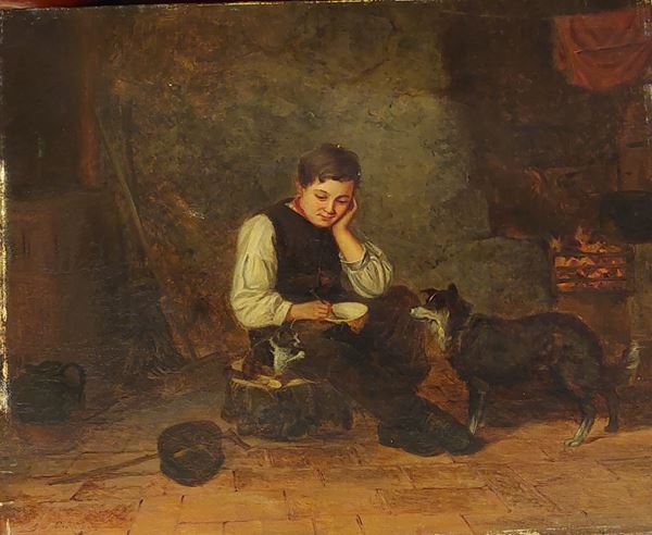 Scuola napoletana fine XIX secolo : Fanciullo pensoso con cane  - Oil on canvas - Auction 19th Century Painting and Sculptures - Blindarte Casa d'Aste