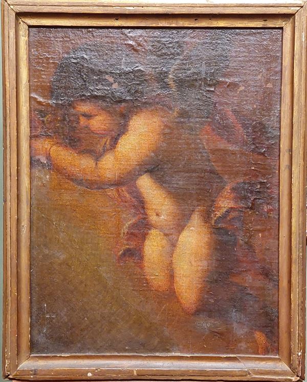 Scuola italiana, XIX secolo : Puttino alato  - olio su tela applicata su tavola - Asta Dipinti e sculture del XIX secolo - Blindarte Casa d'Aste