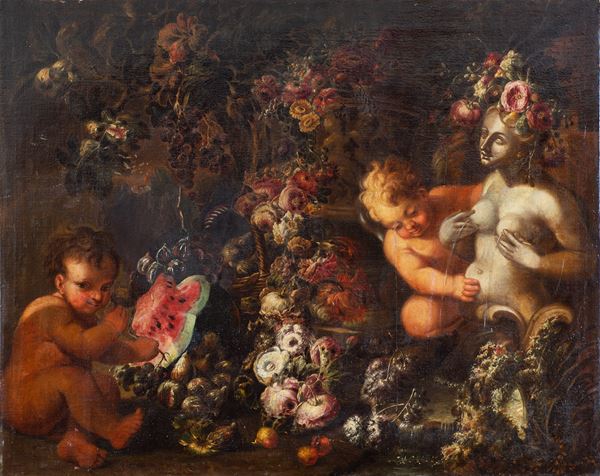 Scuola napoletana, fine XVII  - prima met&#224; XVIII secolo - Trionfo di fiori e frutta con putti e una scultura classica
