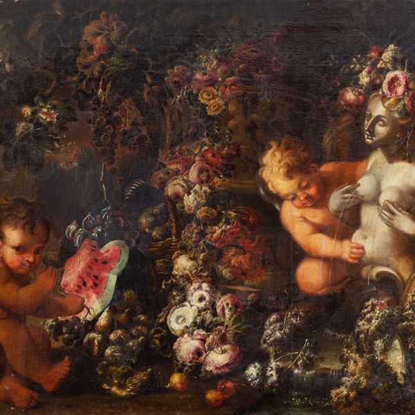 Scuola napoletana, fine XVII  - prima met&#224; XVIII secolo - Trionfo di fiori e frutta con putti e una scultura classica