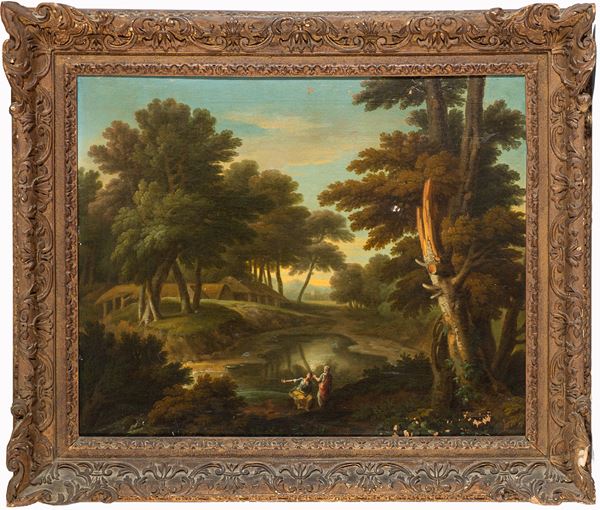Scuola inglese, seconda met&#224; del XVIII secolo - Paesaggio boschivo con viandanti a riposo presso uno stagno