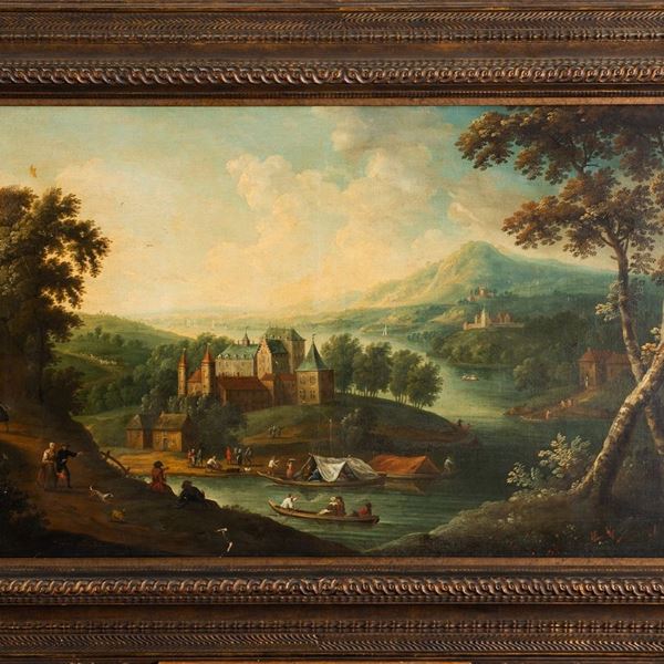 Scuola fiamminga, fine XVIII secolo - Antico borgo presso un fiume