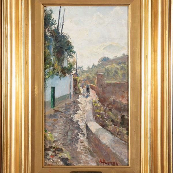 Attilio  Pratella (Lugo, 1856 - Napoli, 1949) : Sentiero montano  - Olio su tavola - Asta Antiquariato, Dipinti Antichi e del XIX secolo - Blindarte Casa d'Aste