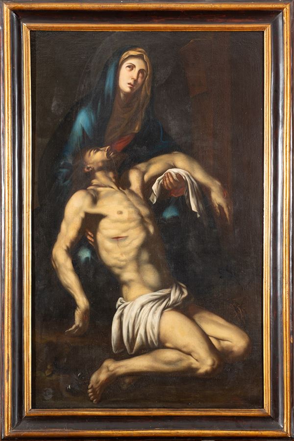 Scuola napoletana fine XVII secolo : Deposizione di Cristo  - Olio su tela applicata su tavola, entro cornice in legno dorato ed ebanizzato - Auction Antiquariato, Dipinti antichie e del XIX secolo - Blindarte Casa d'Aste