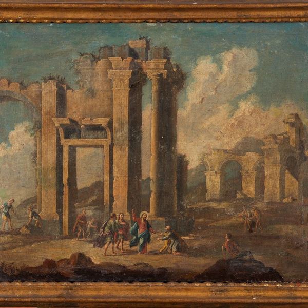 Scuola napoletana fine XVII secolo : a) La guarigione del cieco davanti ad un capriccio architettonico e alle rovine di un Tempio; b) La guarigione dello storpio con rovine antiche sullo sfondo  - coppia di oli su tela entro cornici dorate - Auction Antiquariato, Dipinti antichie e del XIX secolo - Blindarte Casa d'Aste